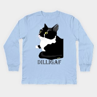 Cute Tuxedo Cat DILLIGAF Attitude Kids Long Sleeve T-Shirt